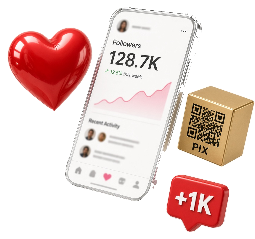 Celular em 3D com crescimento de seguidores e pagamento PIX